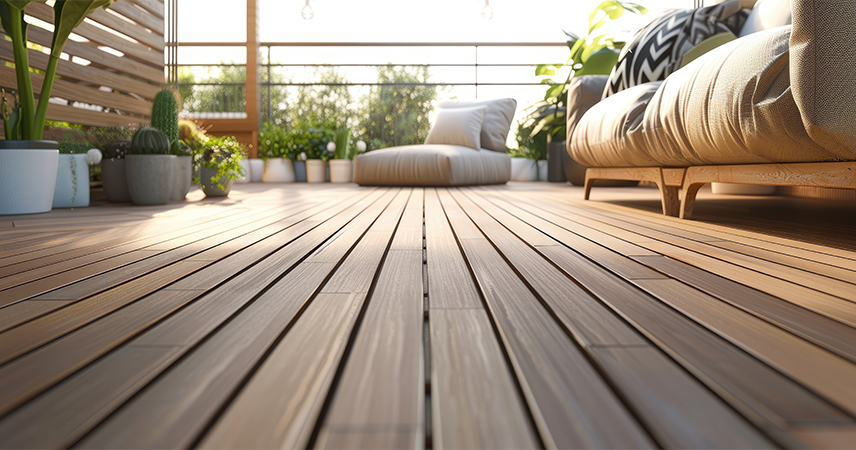 Terrasse en bois sur plots réglables avec lames posées et salon de jardin extérieur