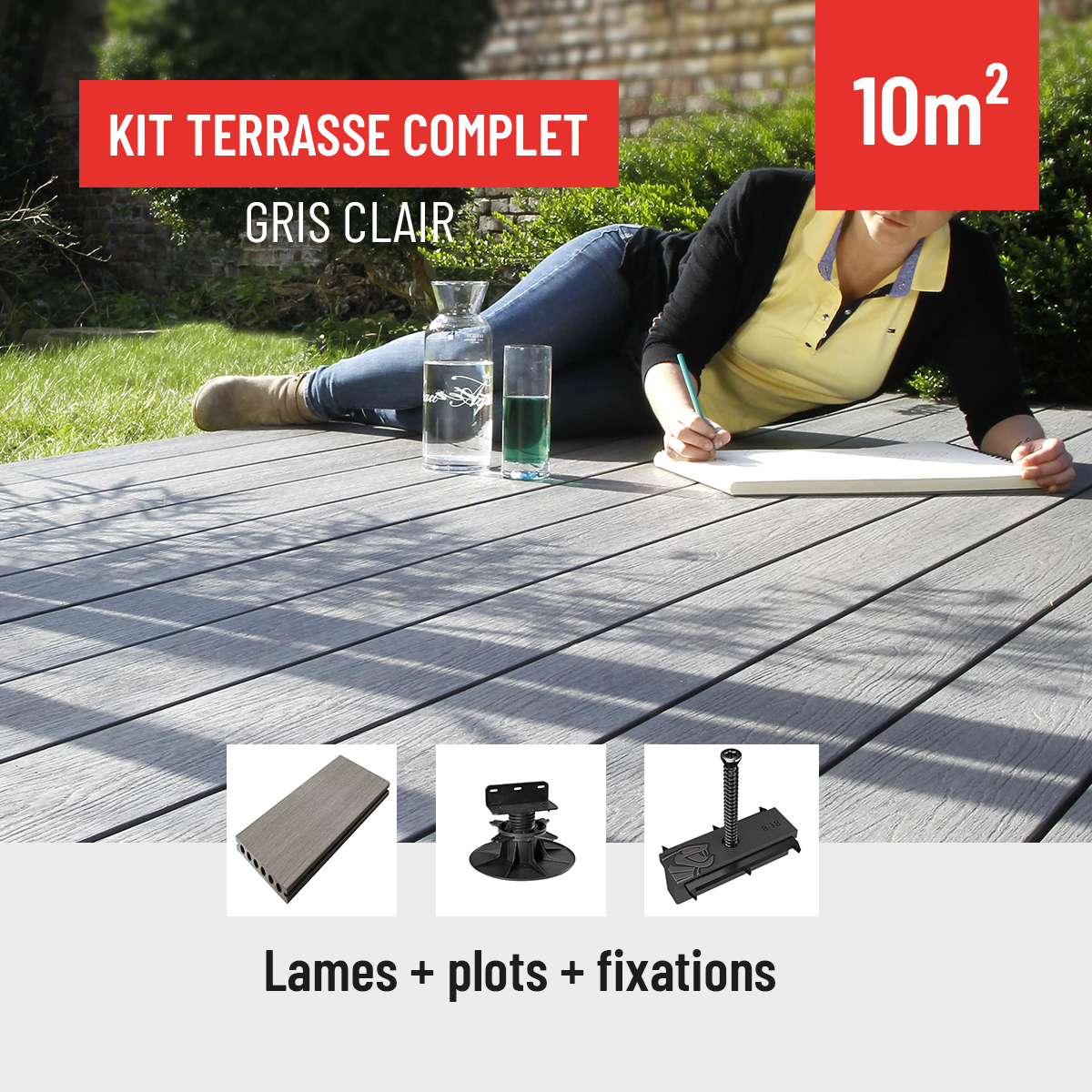 KIT TERRASSE COMPOSITE GRIS CLAIR 10M