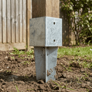 Pieu métallique galvanisé avec support carré enfoncé dans le sol, maintenant un poteau en bois pour abri ou terrasse