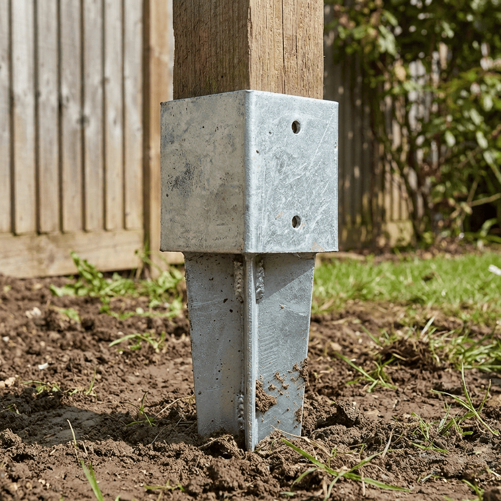 Pieu métallique galvanisé avec support carré enfoncé dans le sol, maintenant un poteau en bois pour abri ou terrasse