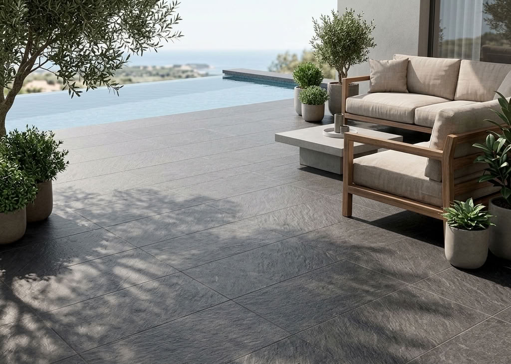 Carrelage extérieur effet pierre gris anthracite sur terrasse au bord d'une piscine avec salon de jardin