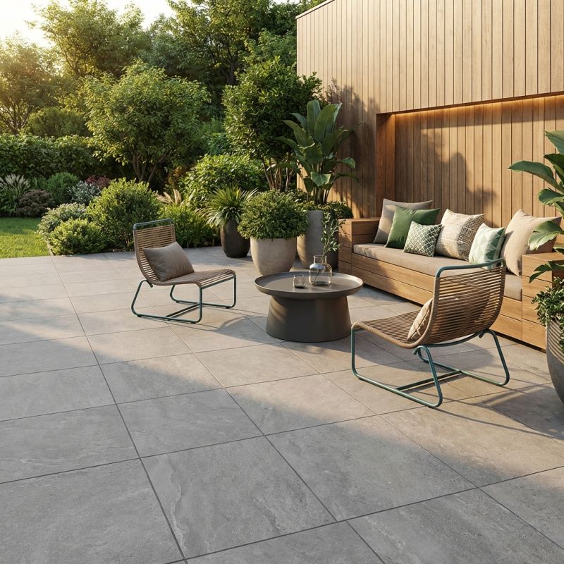 Carrelage antidérapant extérieur effet pierre gris clair sur terrasse avec salon de jardin