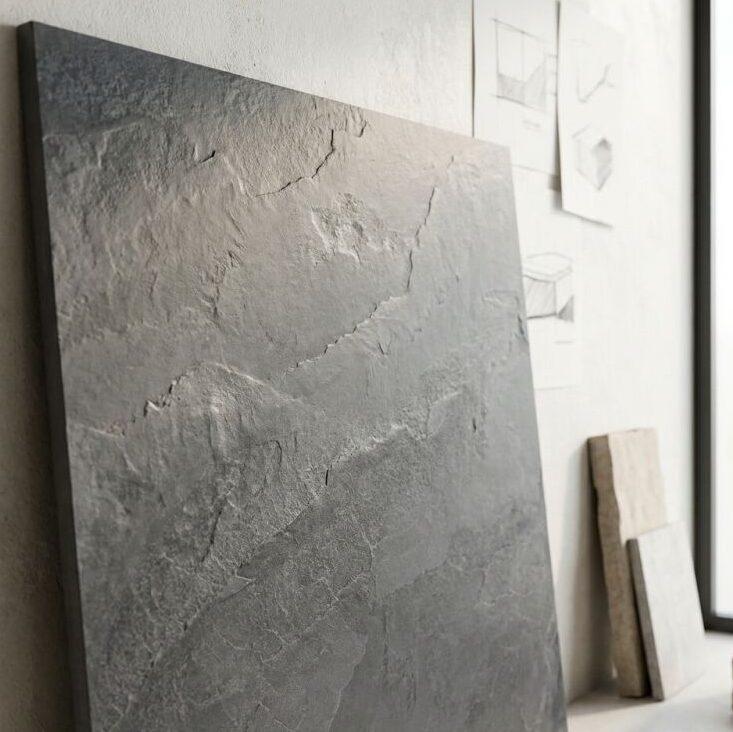 Dalle de carrelage grès cérame grand format gris anthracite effet pierre pour terrasse extérieure