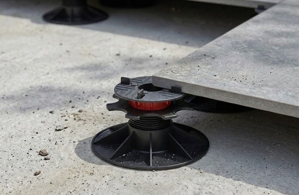 Dalles de carrelage extérieur gris posées sur plots réglables pour terrasse surélevée